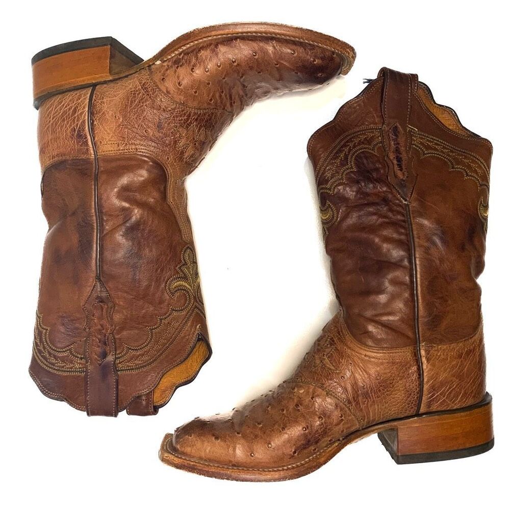Lucchese 2000 Ostrich Skin Leather Western Brown Square Toe Cowgirl Boot Size 7 - Picture 5 of 9